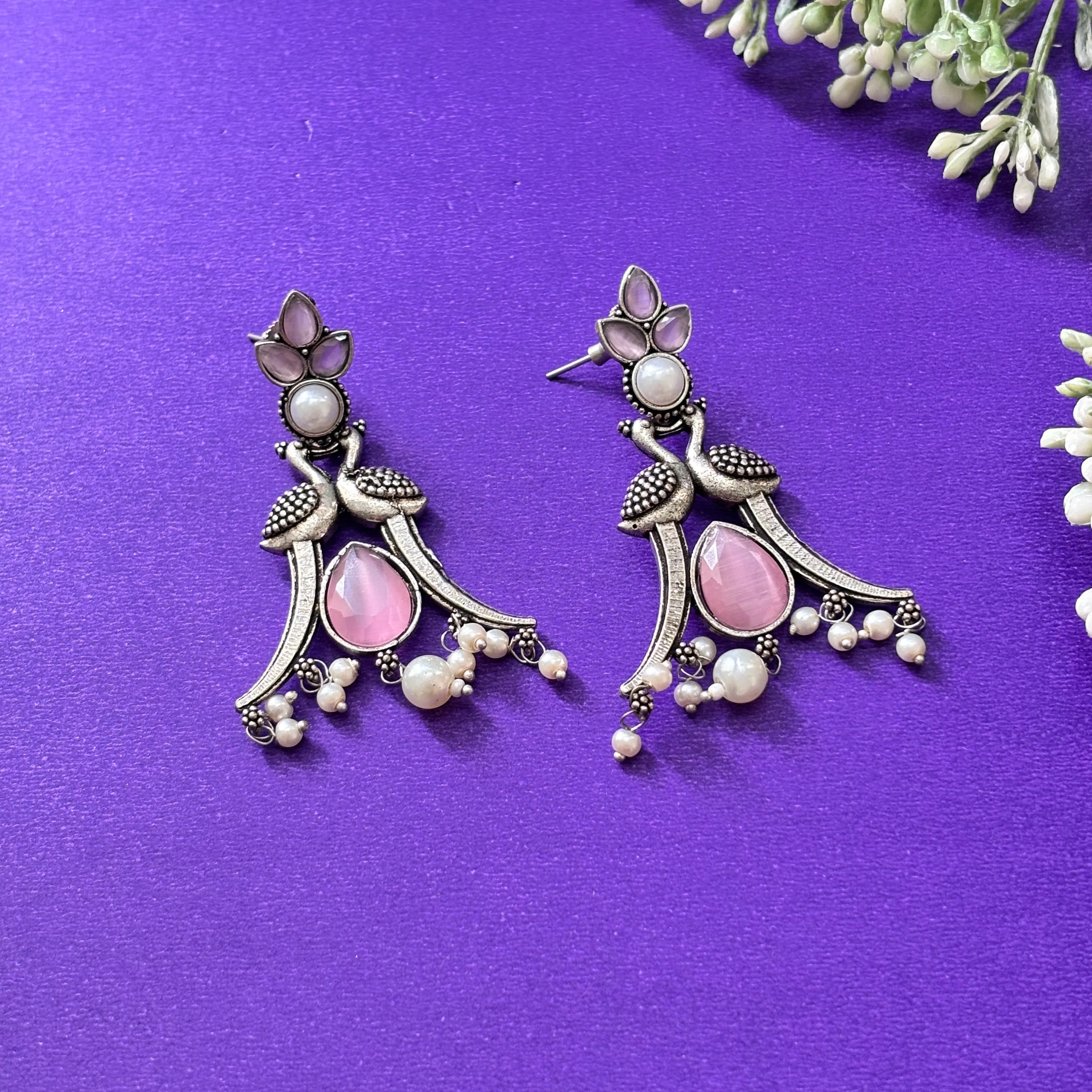 Elegant Peacock Oxidised Pink Drop Earrings