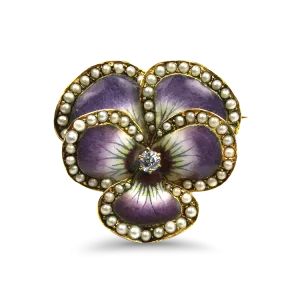 Estate 14K Yellow Gold Antique Pansy Diamond and Enamel Brooch