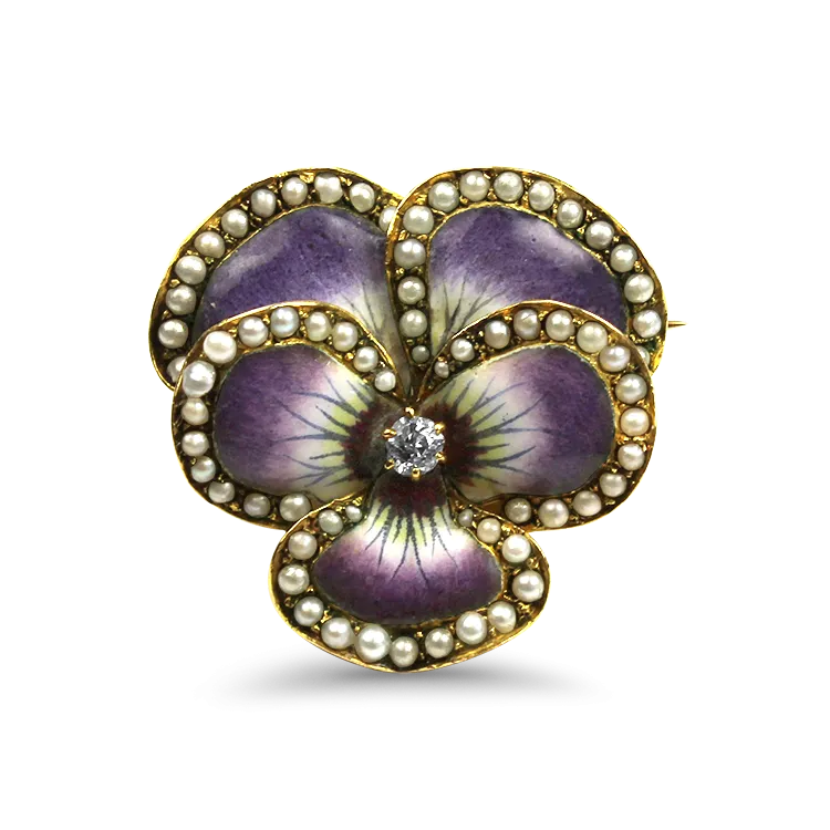 Estate 14K Yellow Gold Antique Pansy Diamond and Enamel Brooch