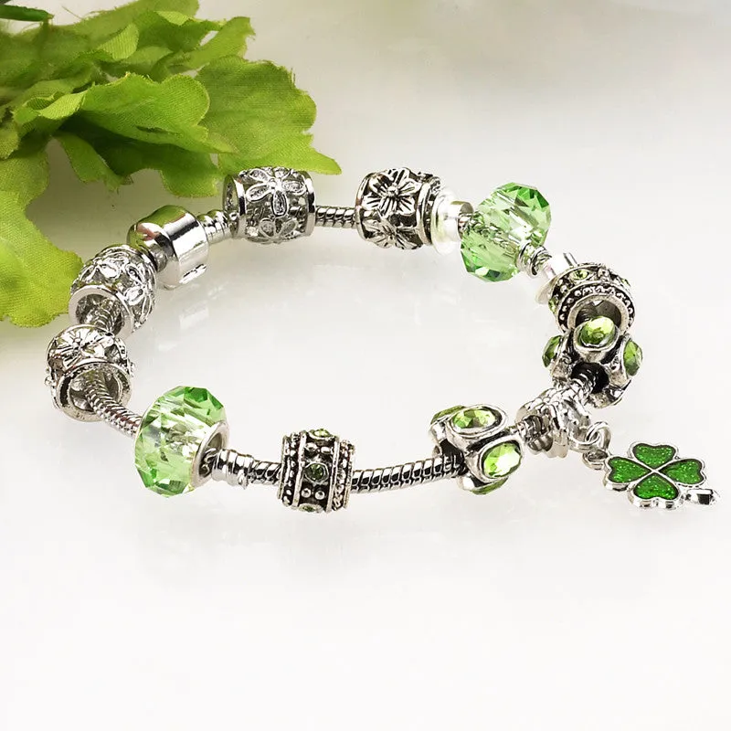 European Silver Plated Clover Charm Glass Bead Bracelet For Women With Safety Chain Authentic Strand Bracelet Bijoux Gift