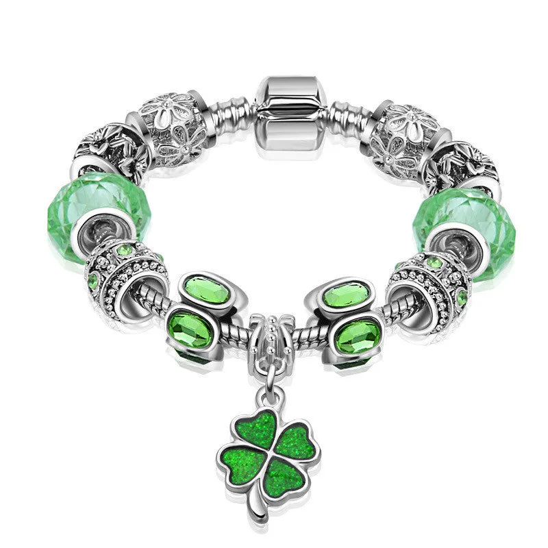 European Silver Plated Clover Charm Glass Bead Bracelet For Women With Safety Chain Authentic Strand Bracelet Bijoux Gift