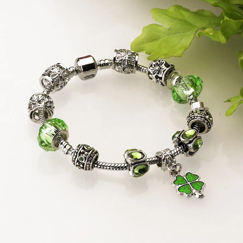 European Silver Plated Clover Charm Glass Bead Bracelet For Women With Safety Chain Authentic Strand Bracelet Bijoux Gift