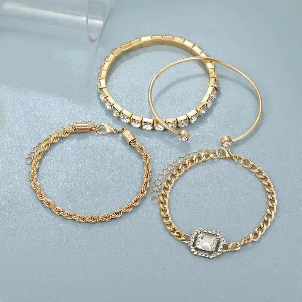 Fashion Jewelry 4 Pcs Crystal Bracelet Set Bohemian Design For Women Vintage Luxury Twisted Cuff Chains Armband Jewelry Accessories