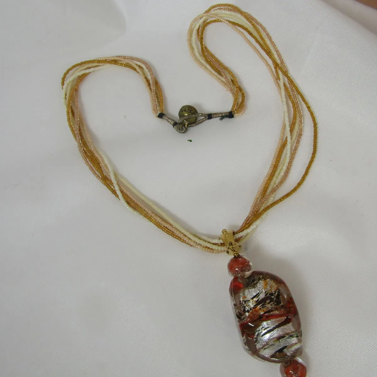 Gold Multi-strand Necklace with Handmade Lampwork Pendant