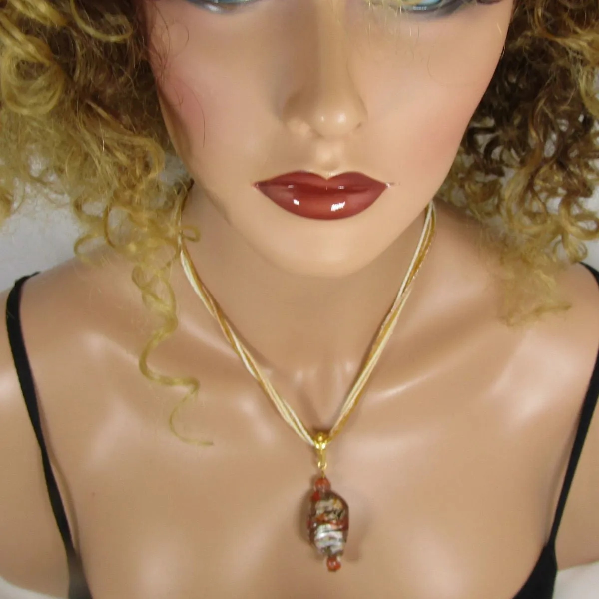 Gold Multi-strand Necklace with Handmade Lampwork Pendant