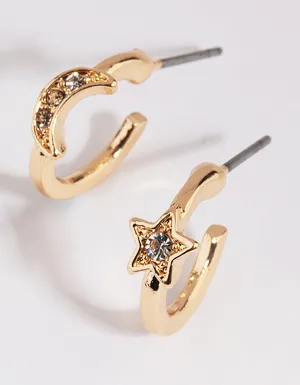 Gold Star & Moon Huggie Hoop Earrings