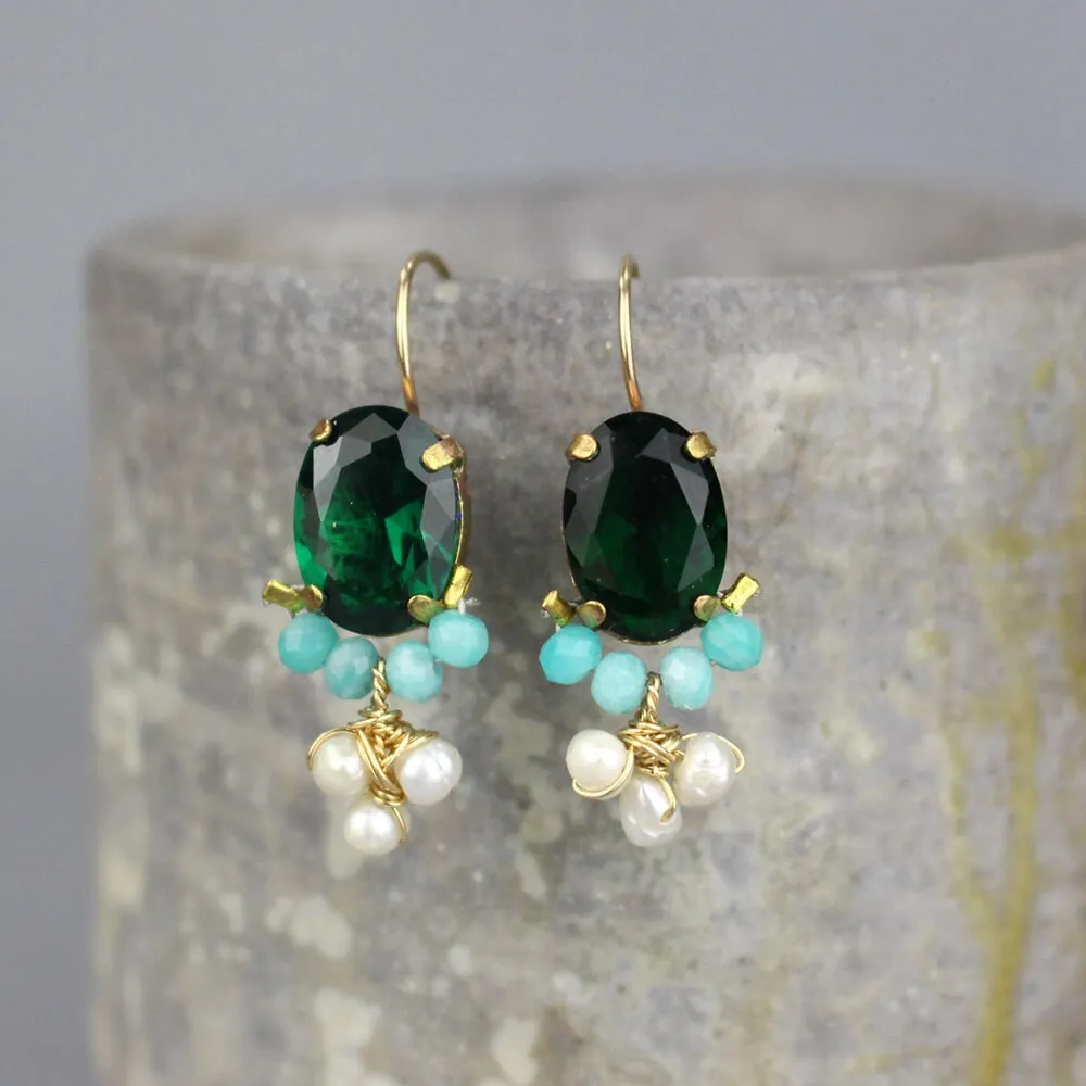 Green Glass Amazonite Oval Earrings