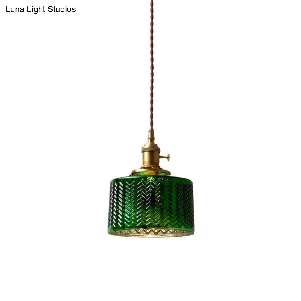 Green Ripple Glass Antique Drum Shade Pendant Light - 1-Light Hanging Fixture