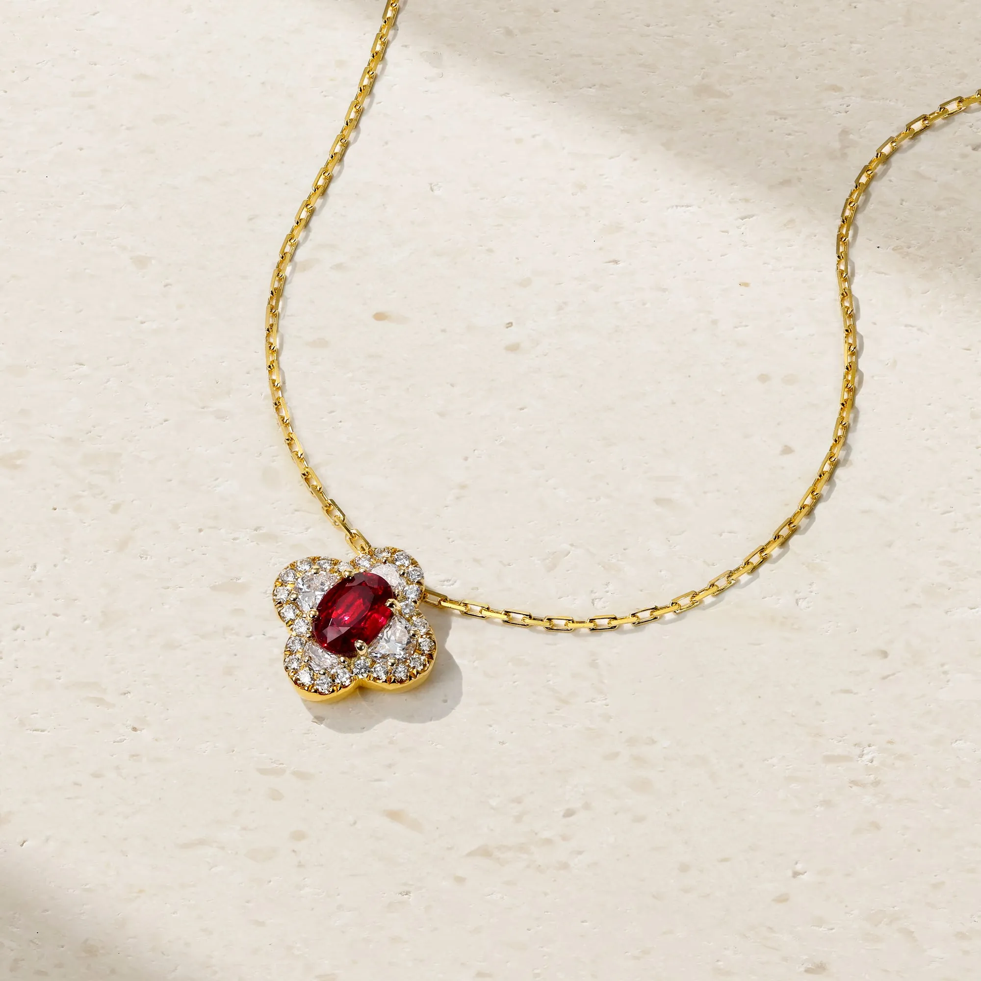 Half Moon Clover Ruby and Diamond Pendant