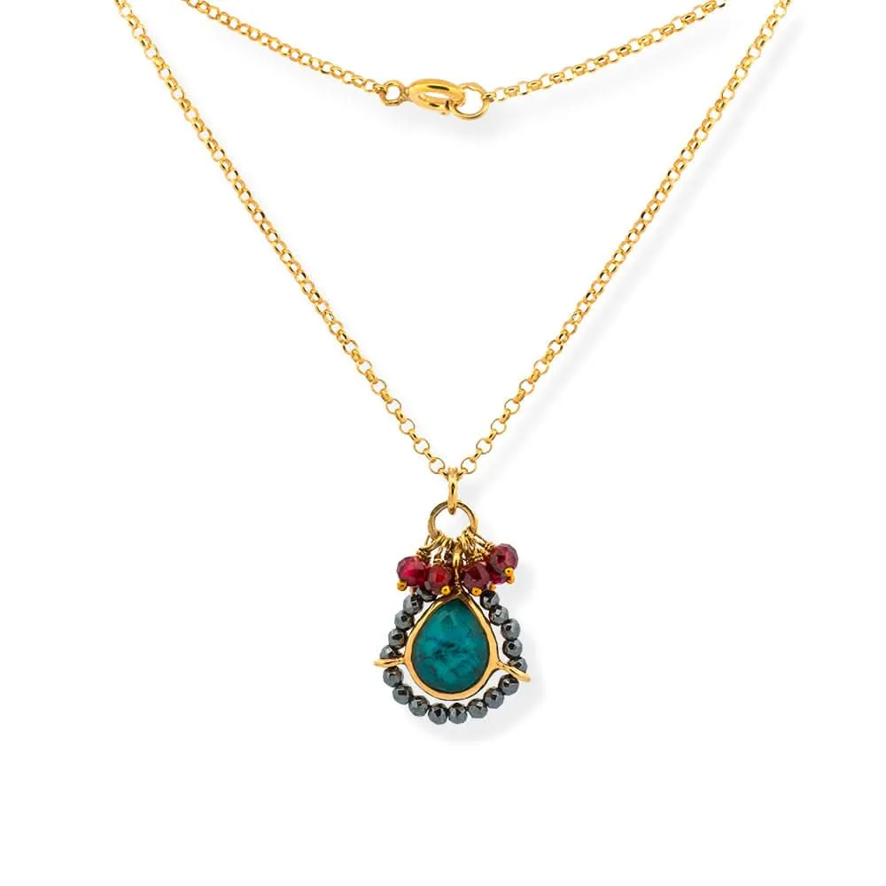 Handmade Short Gold Plated Silver Chain Necklace With Chrysocolla Quartz, Hematites & Rhodolites