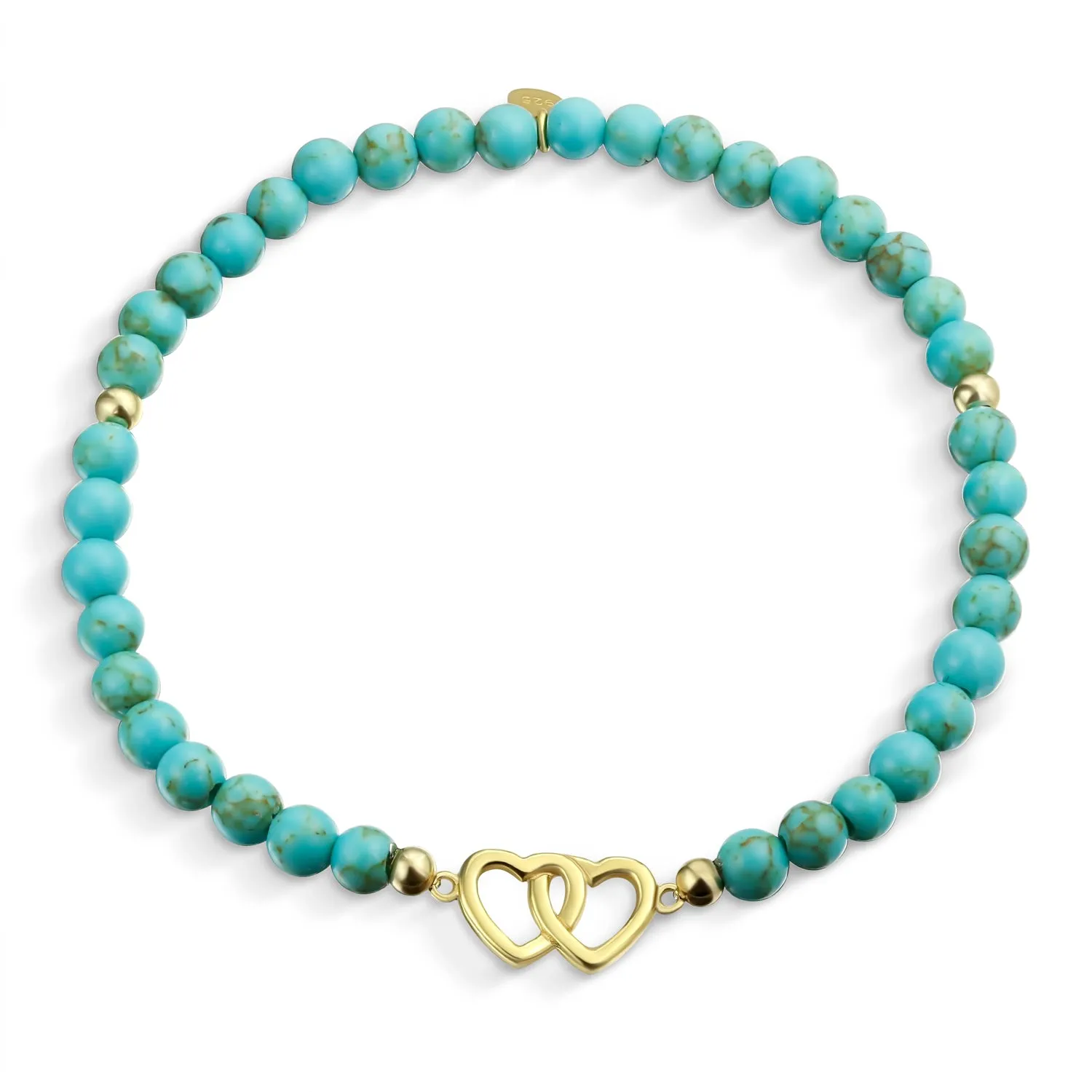 Interlocking Hearts BFF Turquoise Bead Stretch Bracelet 14K Gold Plated Silver