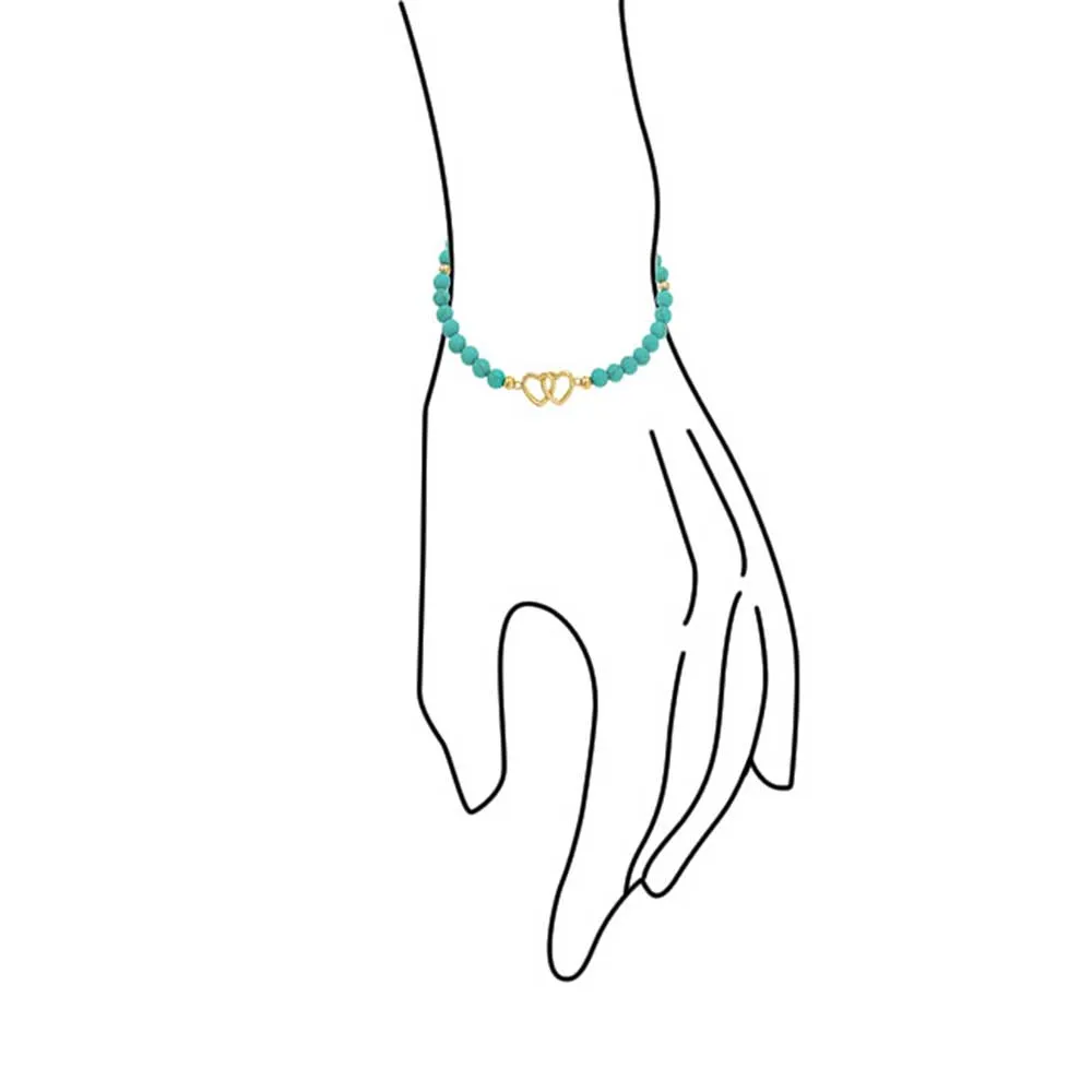 Interlocking Hearts BFF Turquoise Bead Stretch Bracelet 14K Gold Plated Silver