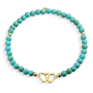 Interlocking Hearts BFF Turquoise Bead Stretch Bracelet 14K Gold Plated Silver