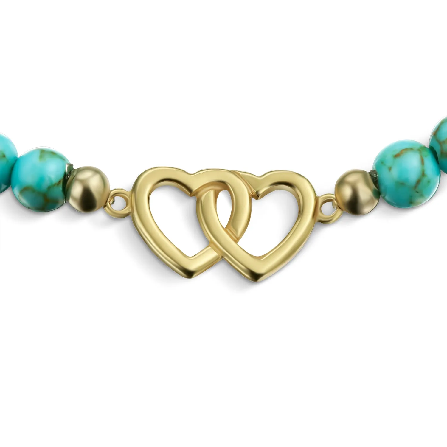 Interlocking Hearts BFF Turquoise Bead Stretch Bracelet 14K Gold Plated Silver