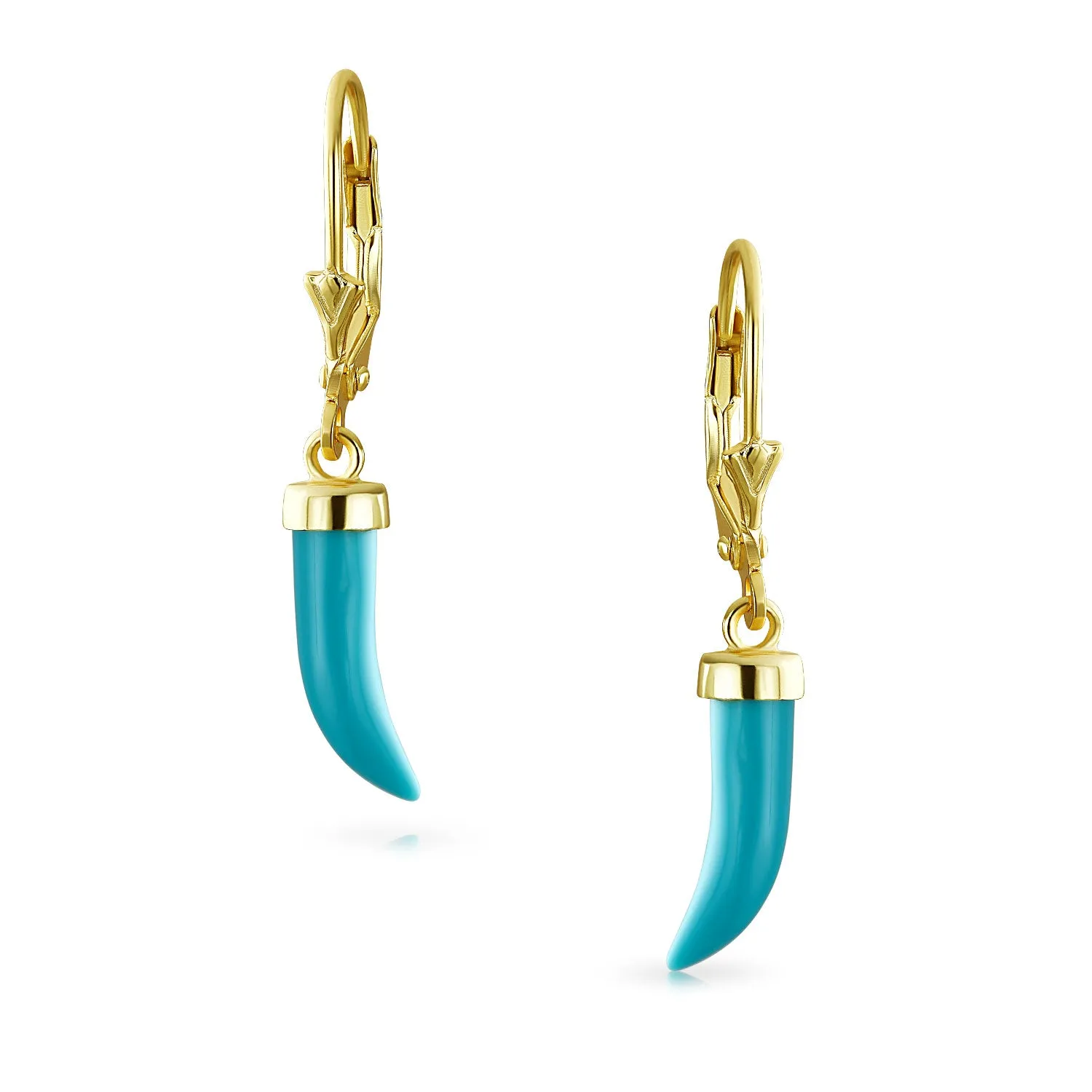 Italian Lucky Tooth Amulet Horn Turquoise Dangle Pendant Earrings 14K Gold Plated Sterling Silver