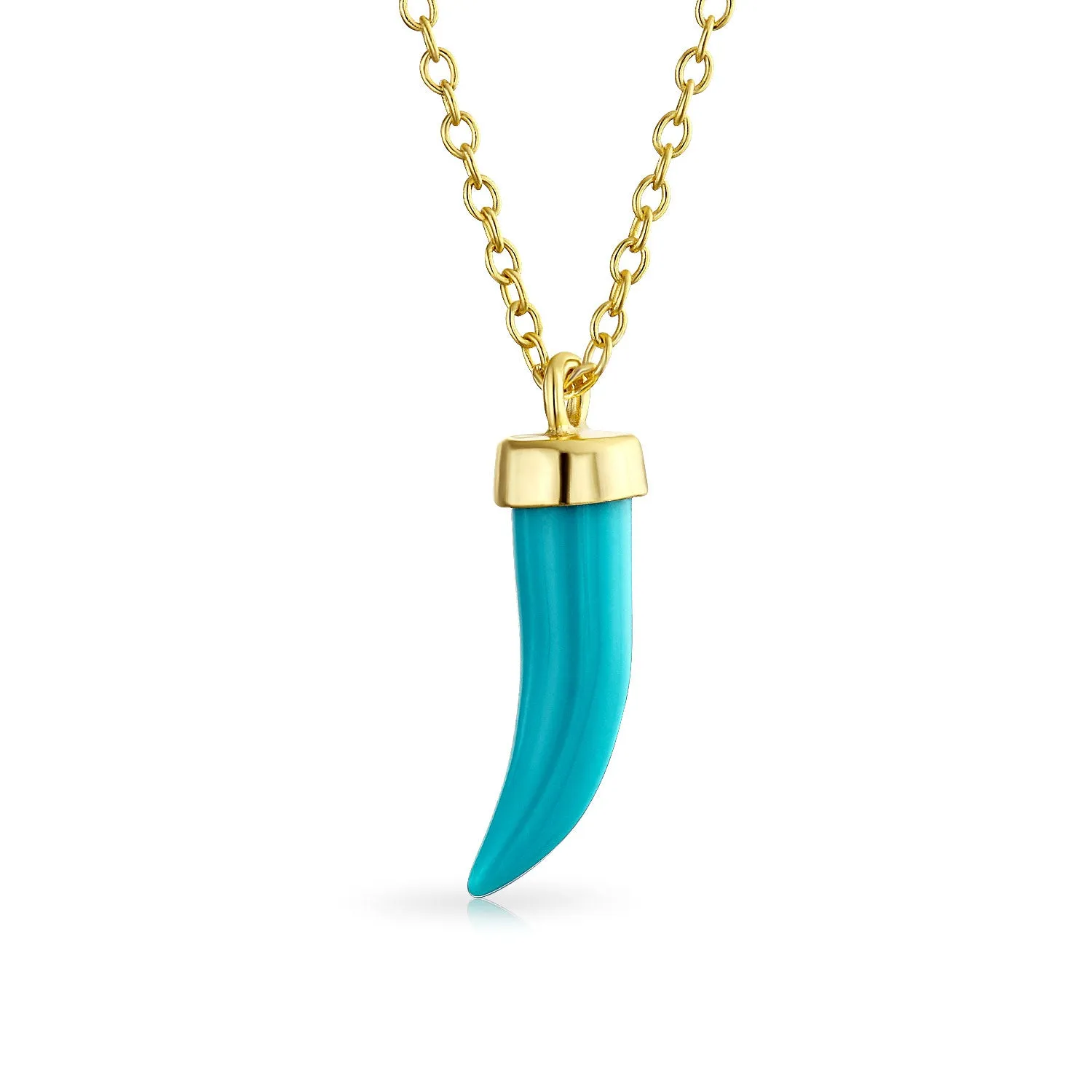 Italian Lucky Tooth Amulet Horn Turquoise Dangle Pendant Earrings 14K Gold Plated Sterling Silver