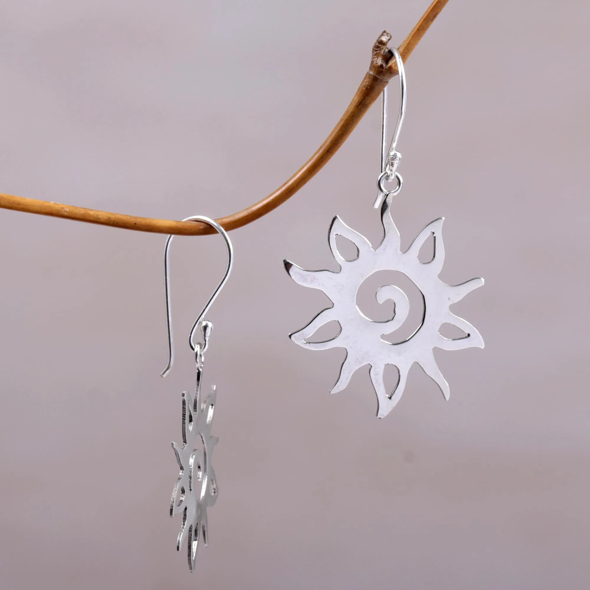 Joyful Suns Sterling Silver Sun Shaped Dangle Earrings from Indonesia