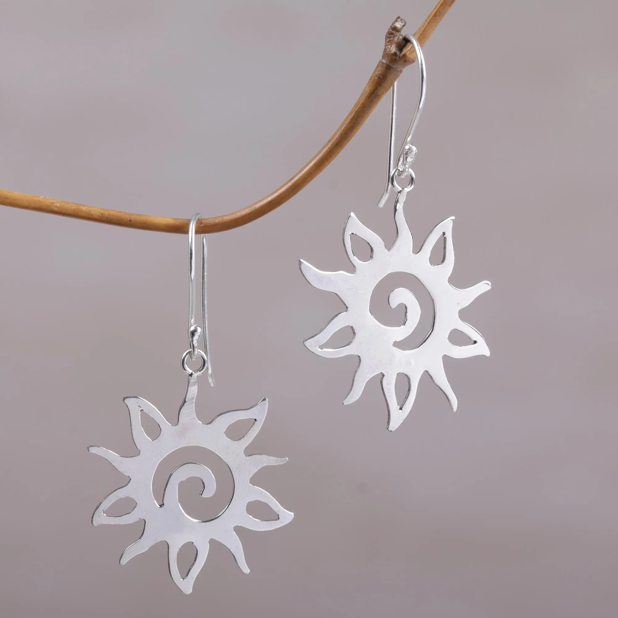 Joyful Suns Sterling Silver Sun Shaped Dangle Earrings from Indonesia