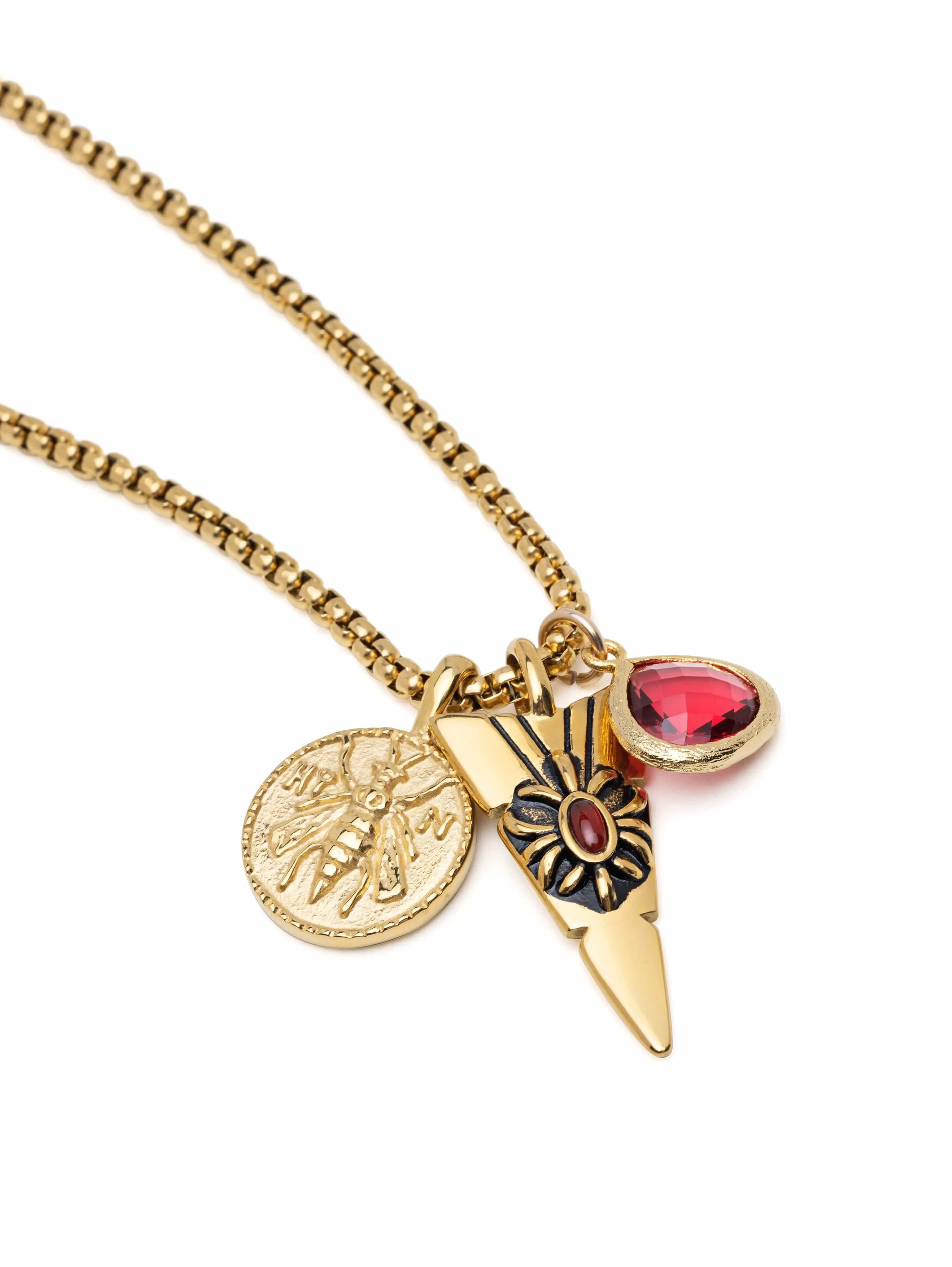 Men's Golden Talisman Necklace with Arrowhead, Red Ruby CZ Drop and Bee Pendant