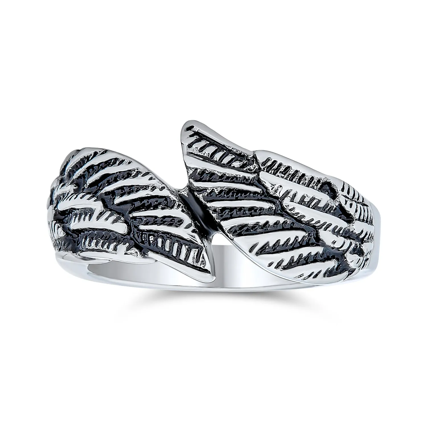 Mens Stainless Steel Angel Wing Band Ring Unisex Biker Jewelry Oxidized Silver Tone