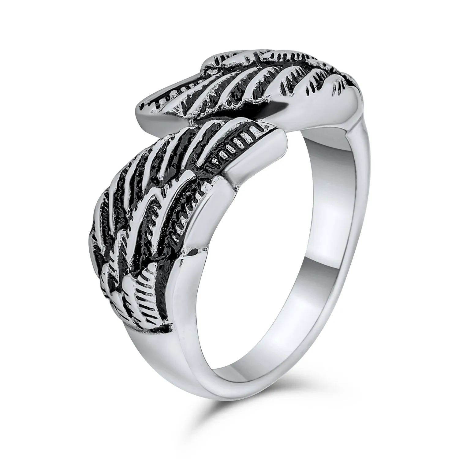 Mens Stainless Steel Angel Wing Band Ring Unisex Biker Jewelry Oxidized Silver Tone