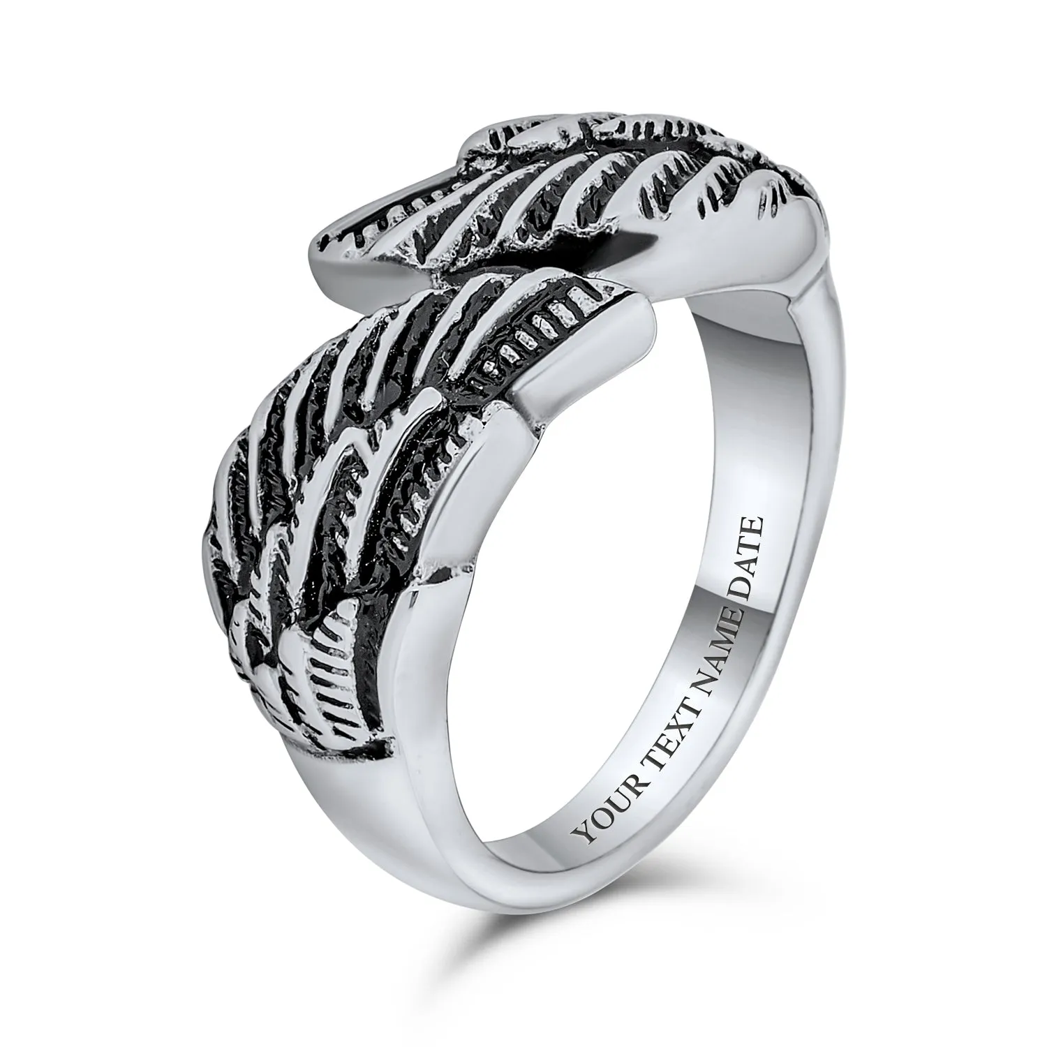 Mens Stainless Steel Angel Wing Band Ring Unisex Biker Jewelry Oxidized Silver Tone