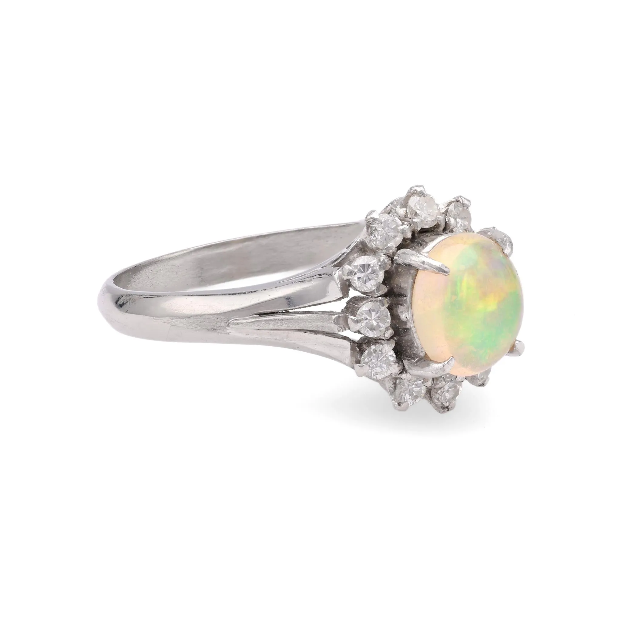 Modern Opal Diamond Platinum Cluster Ring