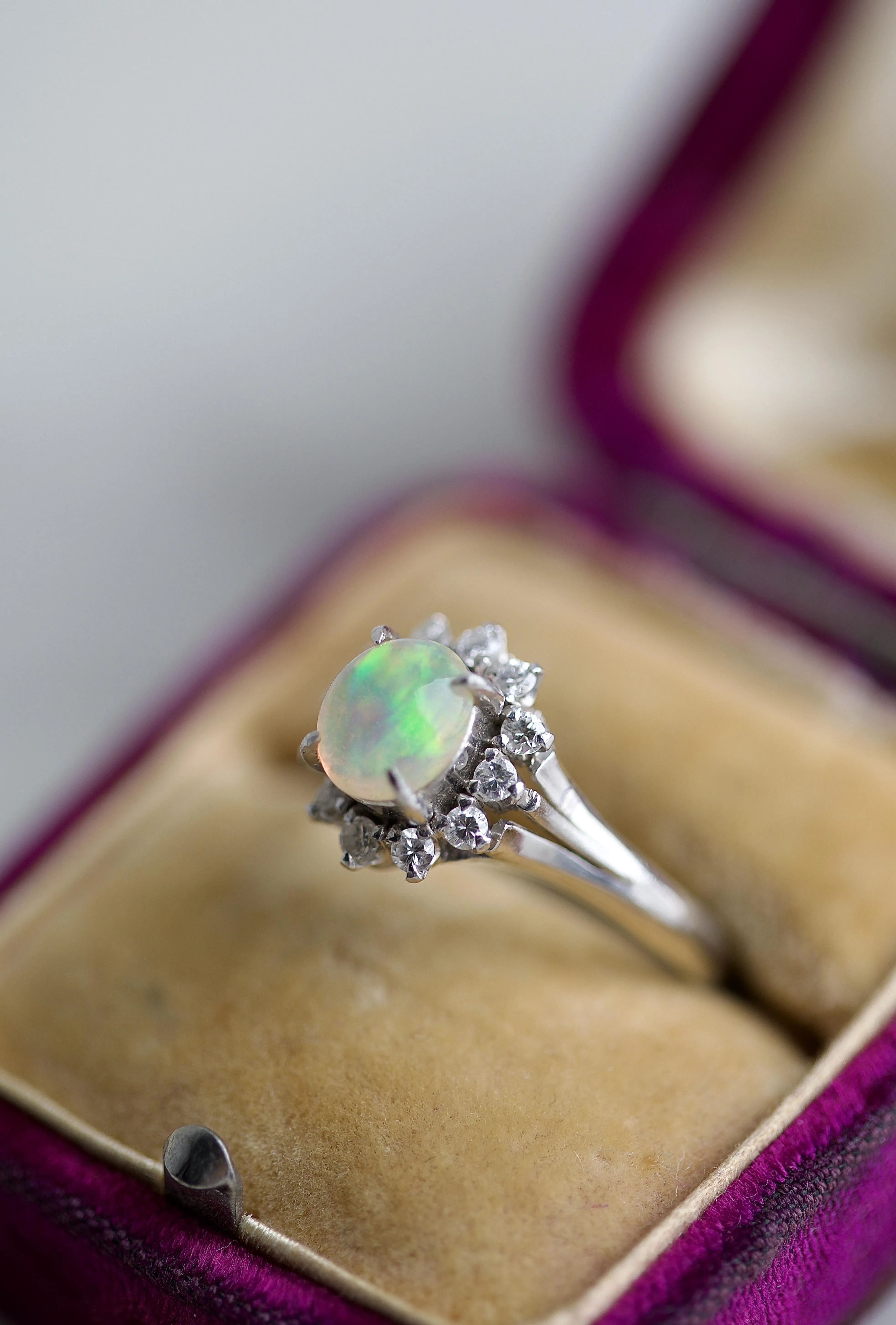 Modern Opal Diamond Platinum Cluster Ring