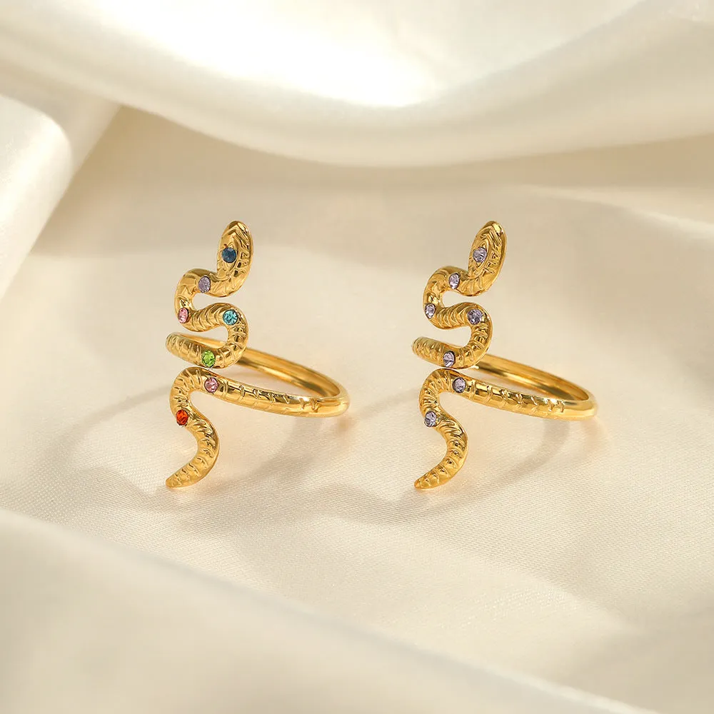 Multicolor Stone Inlaid Snake Gold Rings JLTR0382