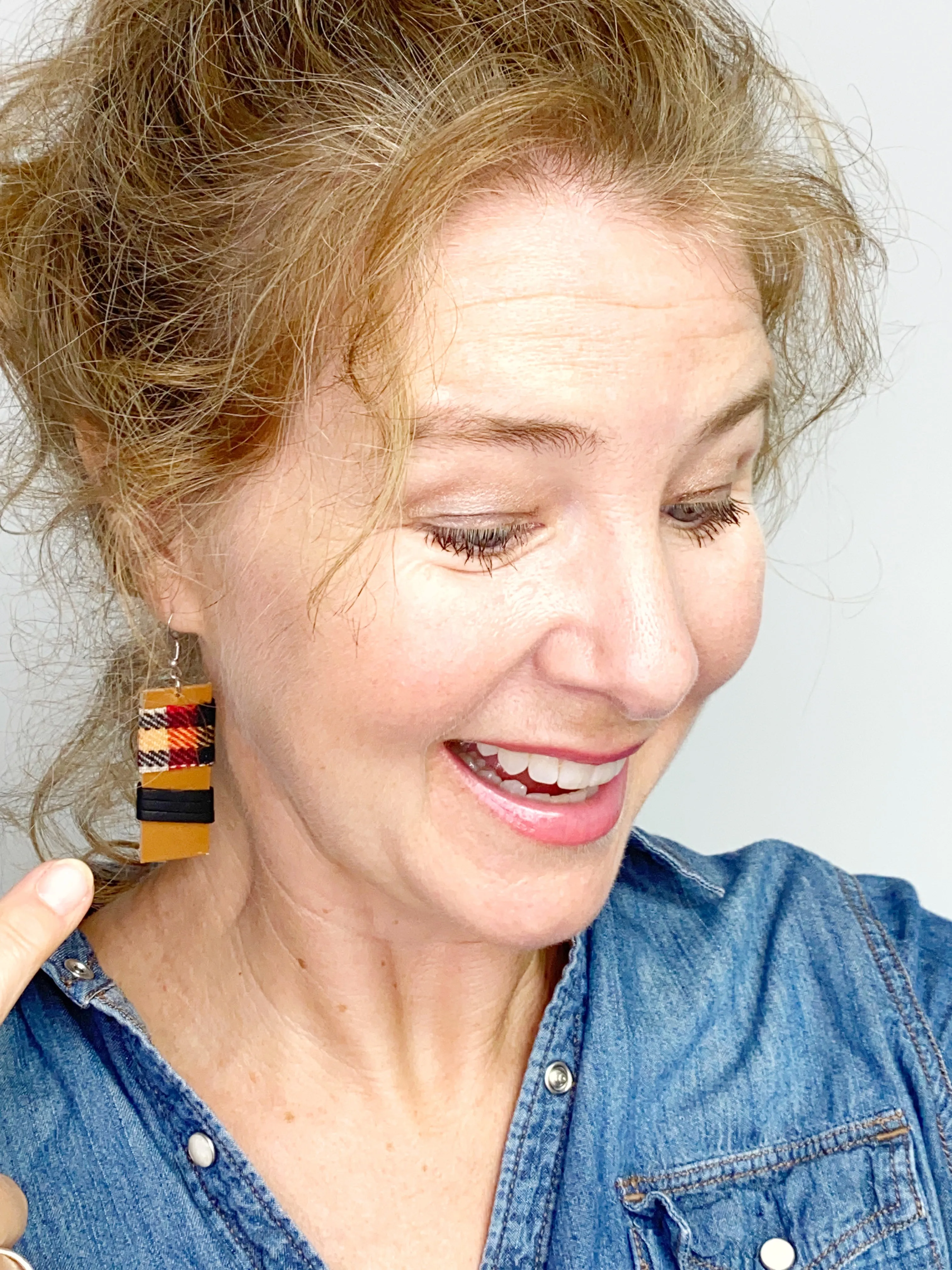 NEW! Eco Friendly Flannel and Leather Earrings, Upcycled Earrings, Gift for Her