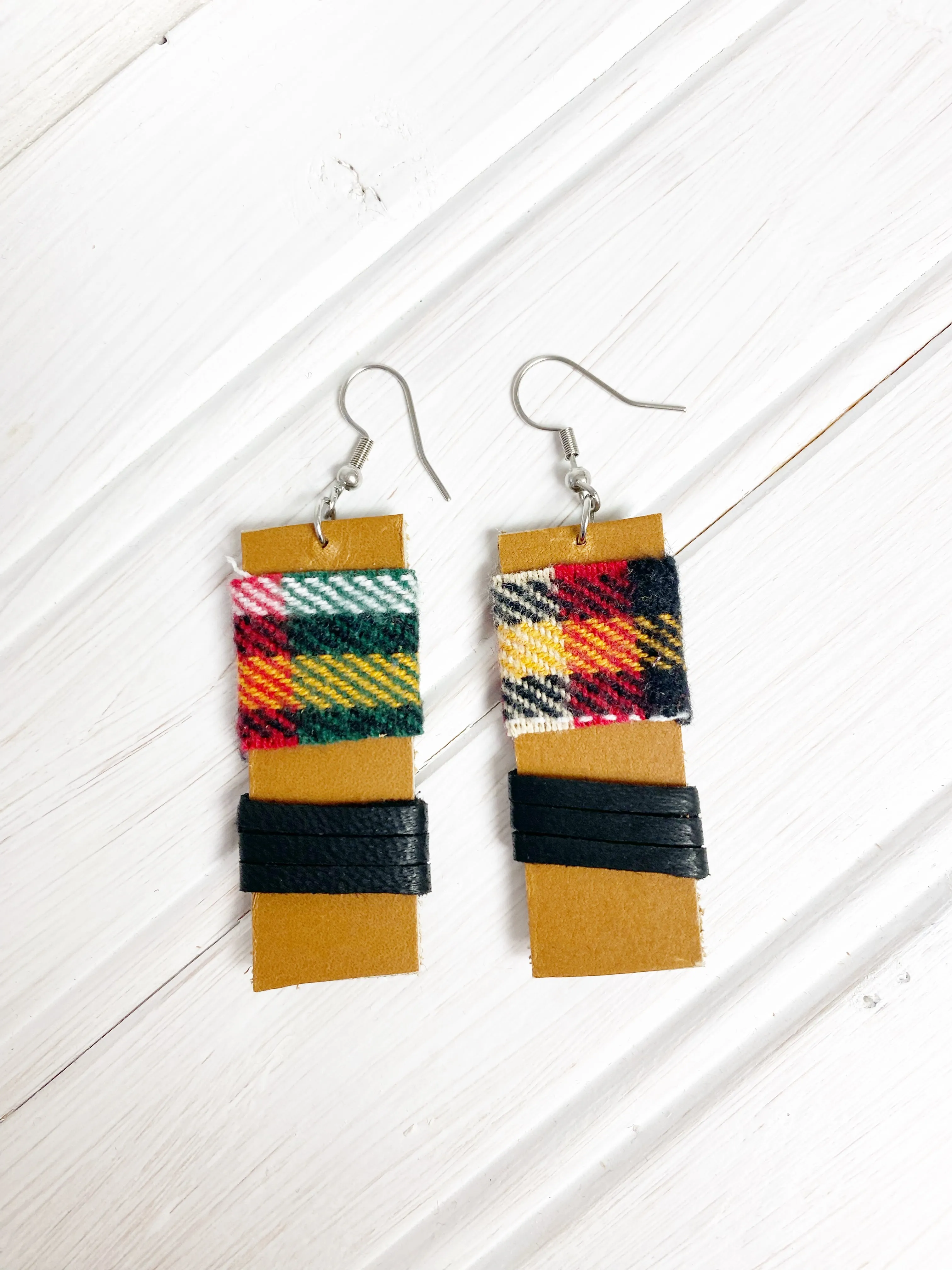 NEW! Eco Friendly Flannel and Leather Earrings, Upcycled Earrings, Gift for Her