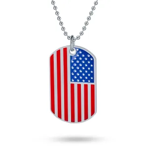 Patriotic Flag Star Dog Tag Pendant Necklace for Men in Red White Blue Stripes