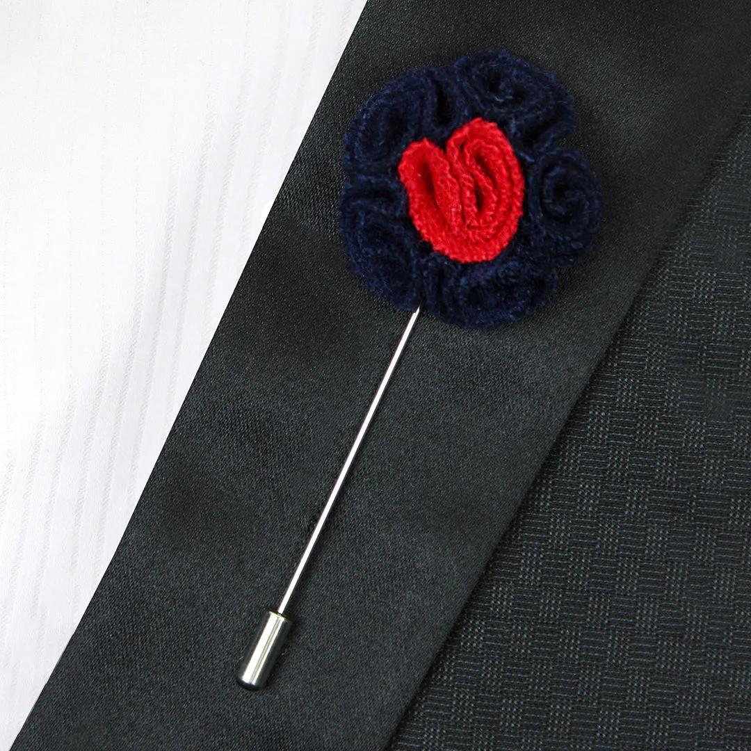 Peluche Blossoming Style Navy Blue & Red Colored Brooch / Lapel Pin for Men