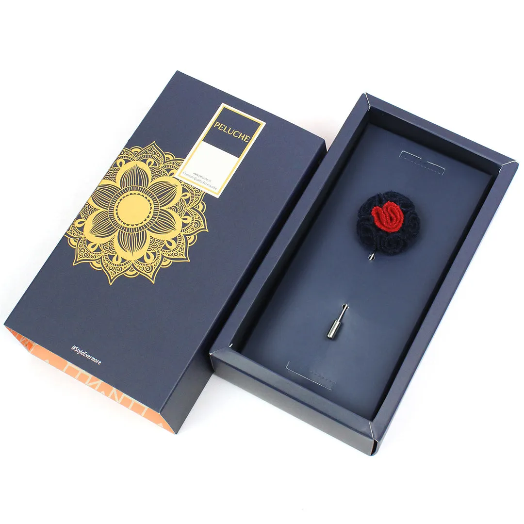 Peluche Blossoming Style Navy Blue & Red Colored Brooch / Lapel Pin for Men