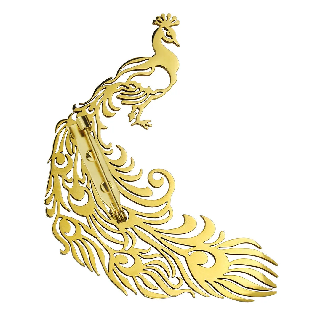 Peluche Peacock Elegance Golden Stainless Steel Lapel Pin for Men