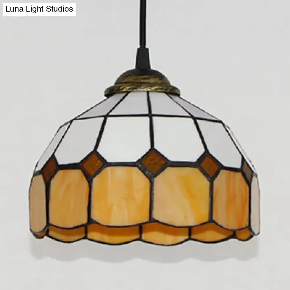 Pink/Blue/Orange Stained Glass Hemisphere Pendant Light - Tiffany-Style Suspension Lamp