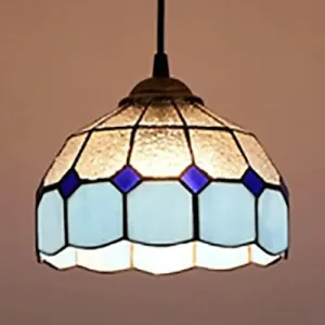 Pink/Blue/Orange Stained Glass Hemisphere Pendant Light - Tiffany-Style Suspension Lamp