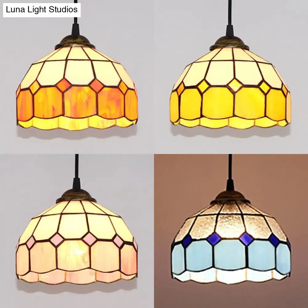 Pink/Blue/Orange Stained Glass Hemisphere Pendant Light - Tiffany-Style Suspension Lamp