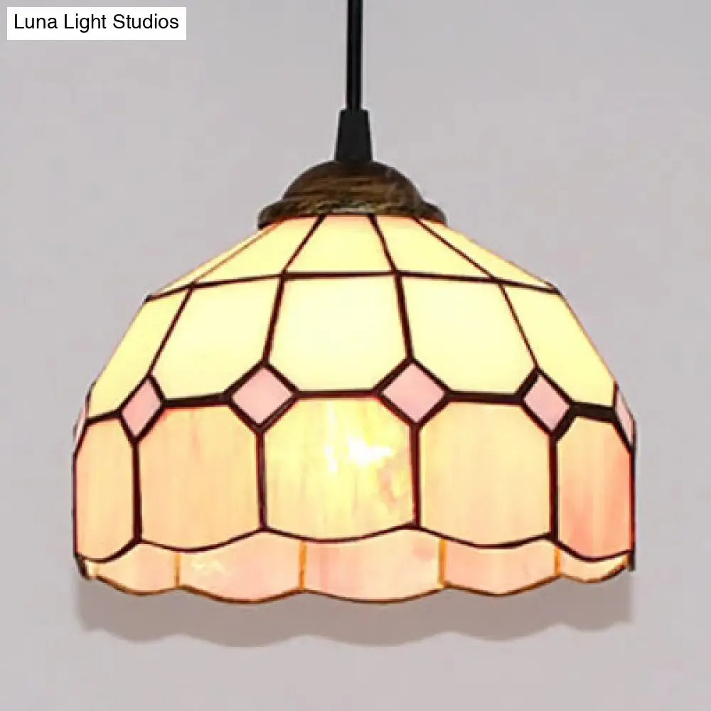 Pink/Blue/Orange Stained Glass Hemisphere Pendant Light - Tiffany-Style Suspension Lamp