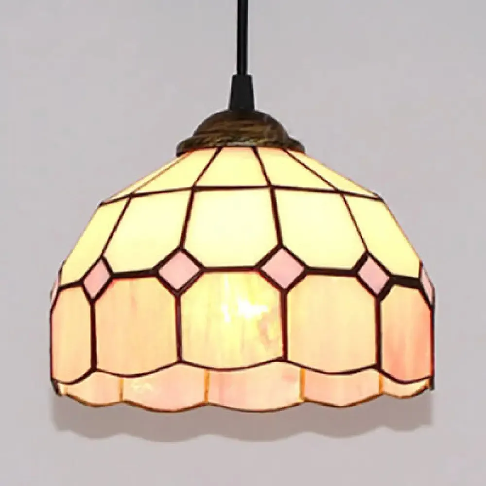 Pink/Blue/Orange Stained Glass Hemisphere Pendant Light - Tiffany-Style Suspension Lamp