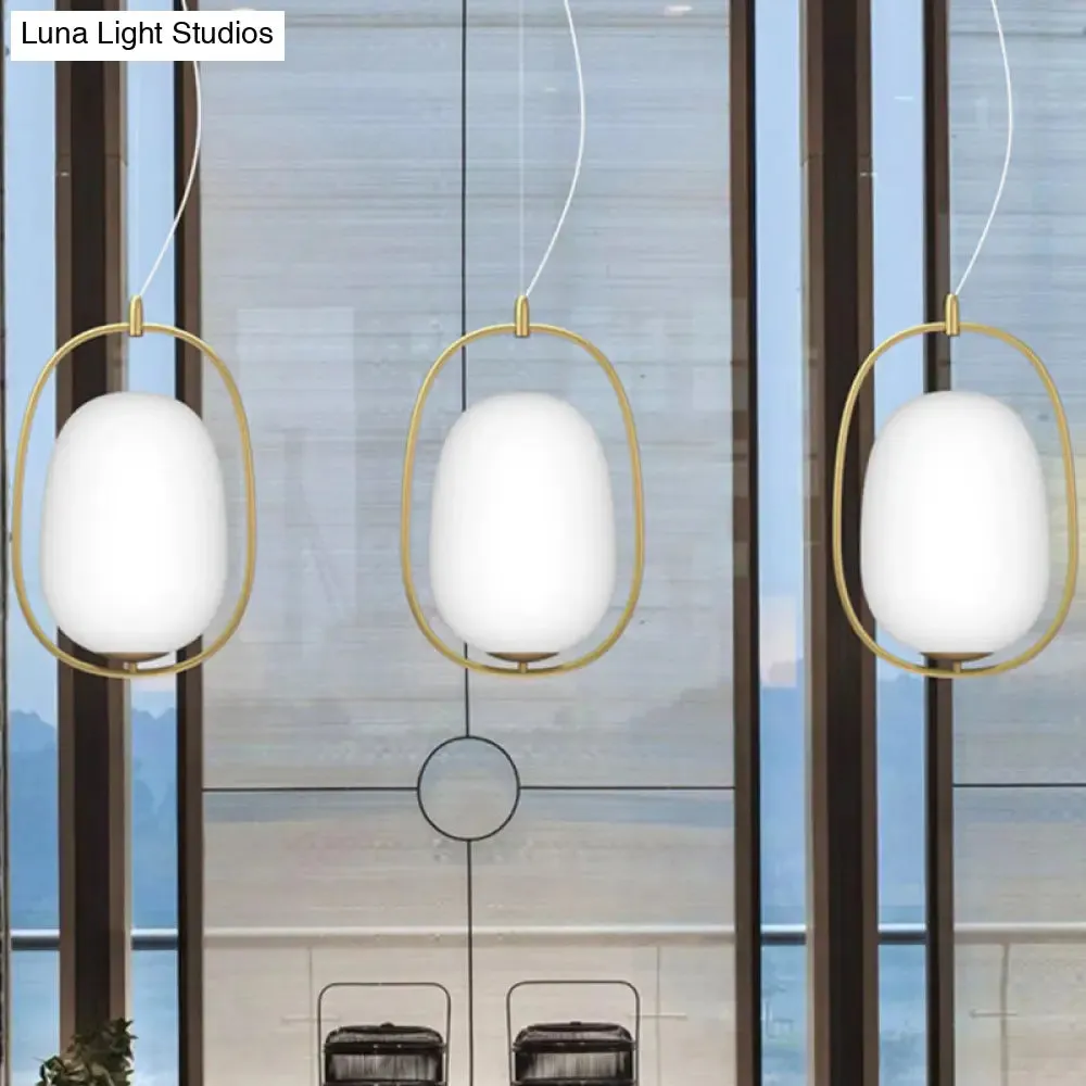 Postmodern Gold Cocoon Pendant Lamp with Frame and Glass Shade – Single Ceiling Hang Light, Warm/White/3 Color Options