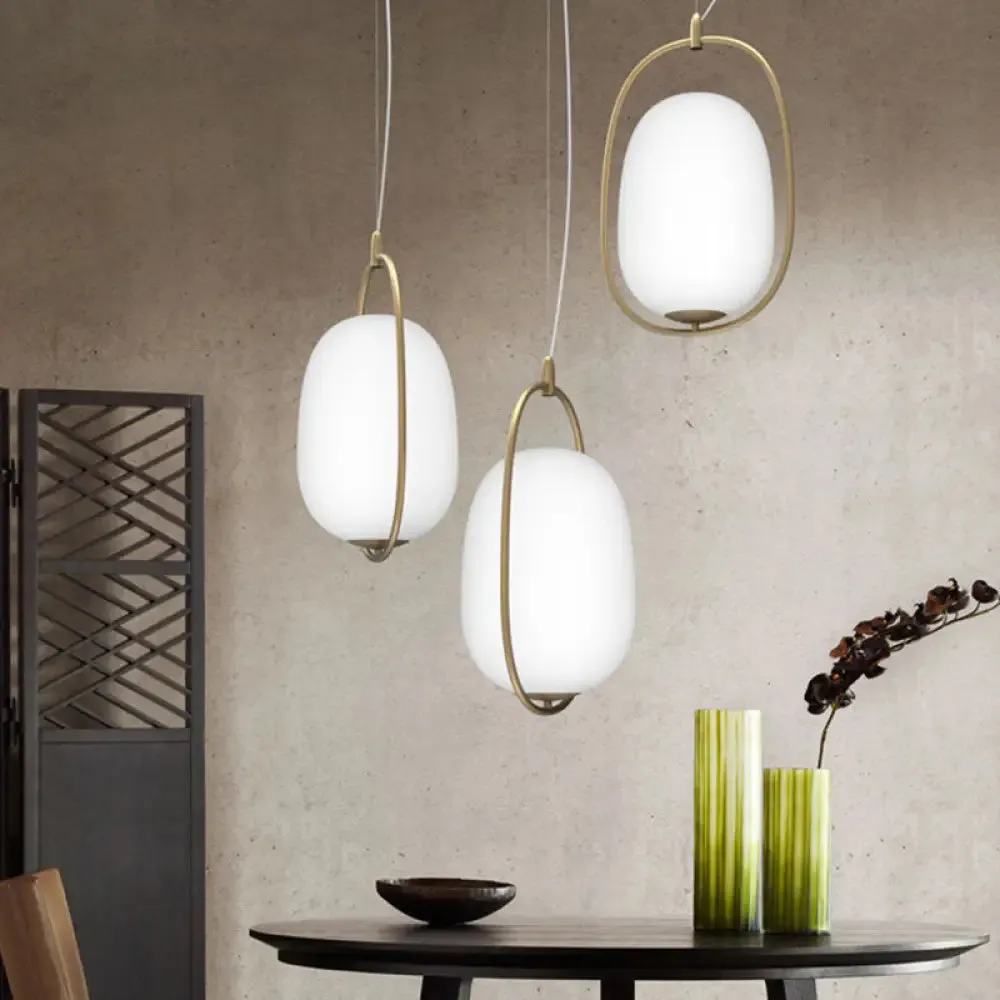 Postmodern Gold Cocoon Pendant Lamp with Frame and Glass Shade – Single Ceiling Hang Light, Warm/White/3 Color Options