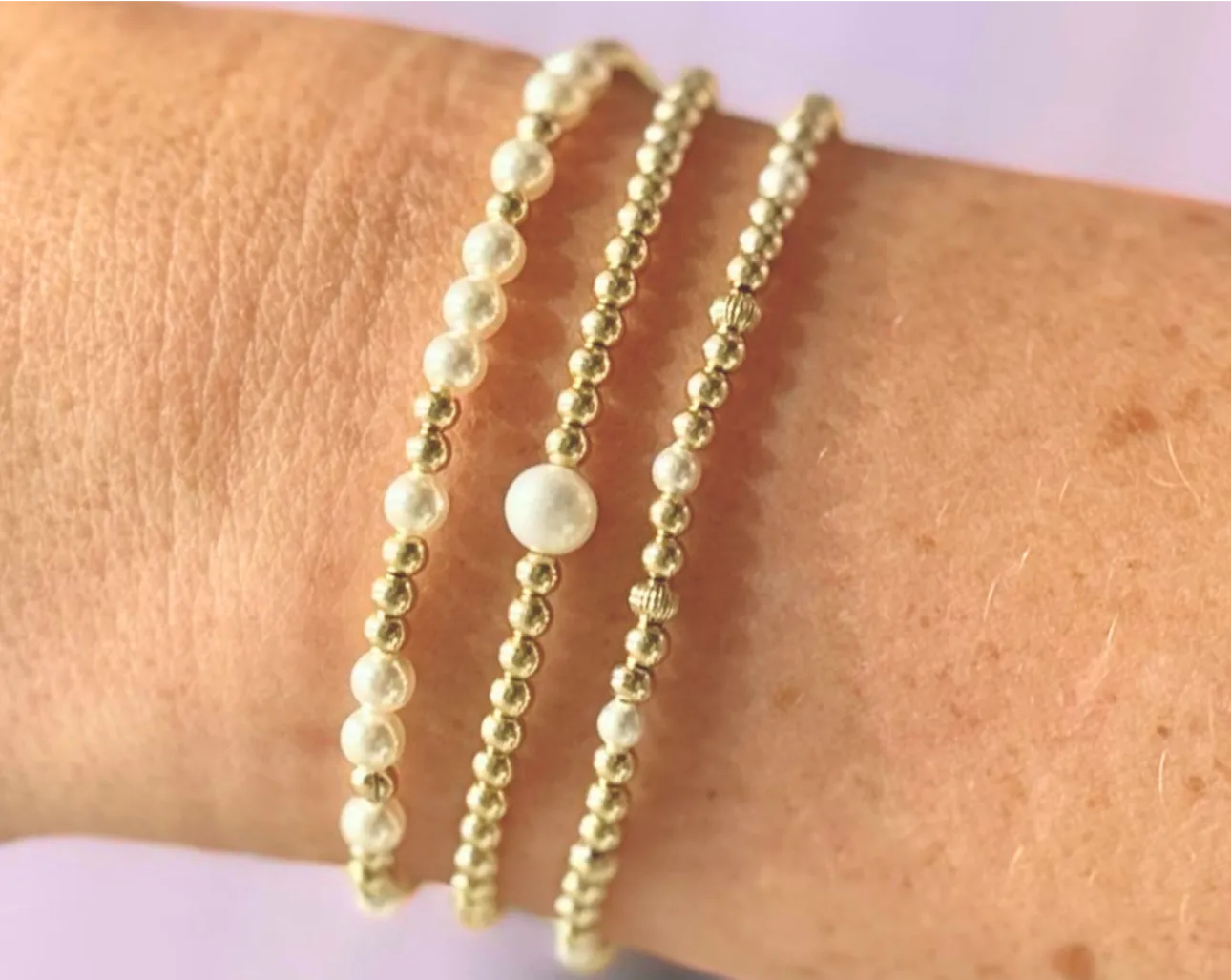 "VENICE" Gold Filled & Pearls Beaded Bracelets Stack