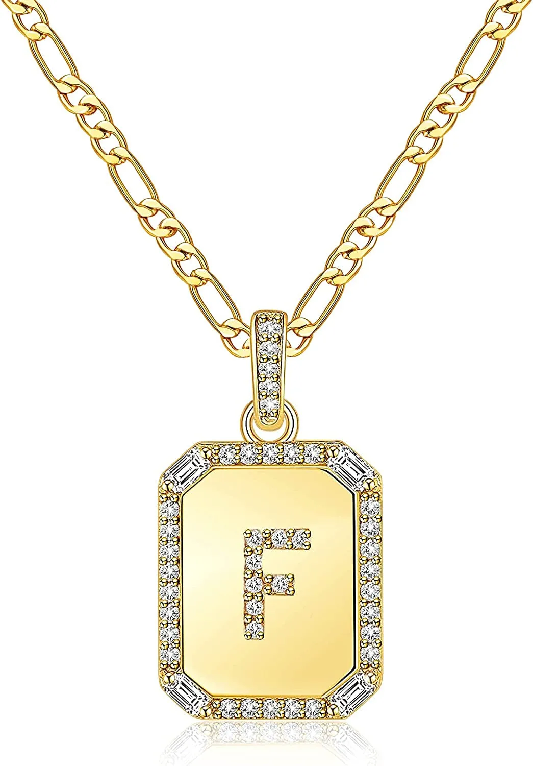 Rectangle Necklace with Monogram Letters Monogram 18K Gold Plated Stainless Steel Box Chain