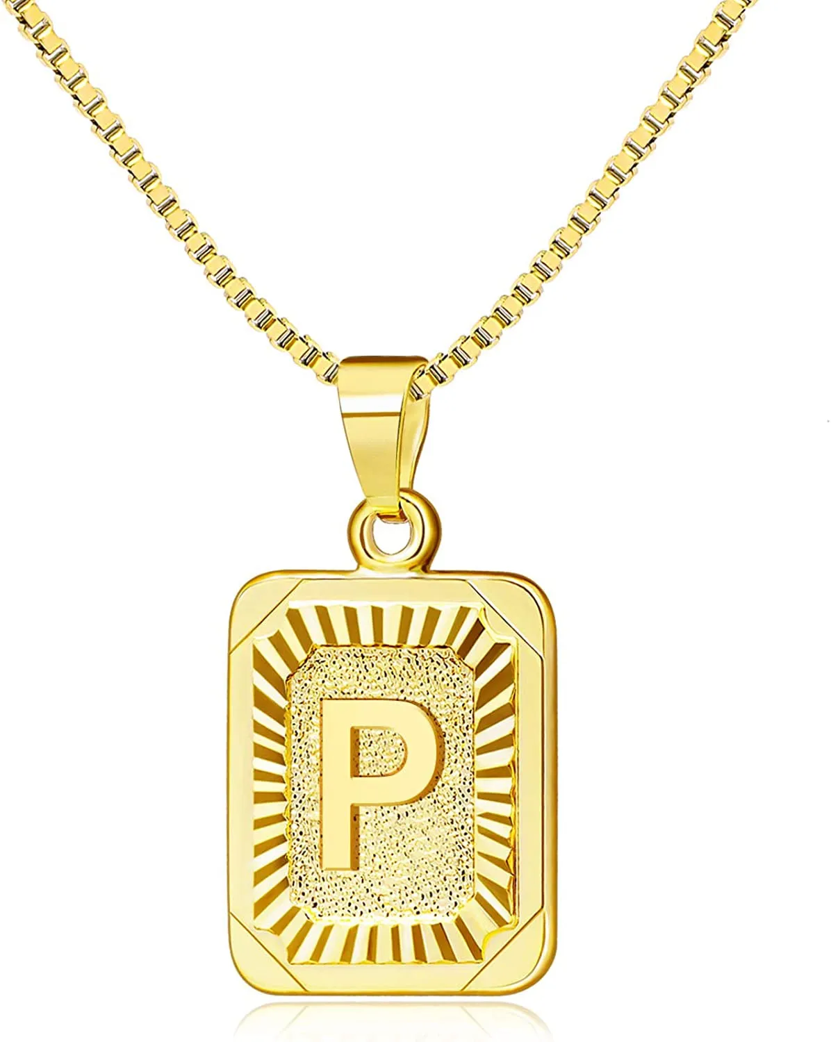 Rectangle Necklace with Monogram Letters Monogram 18K Gold Plated Stainless Steel Box Chain