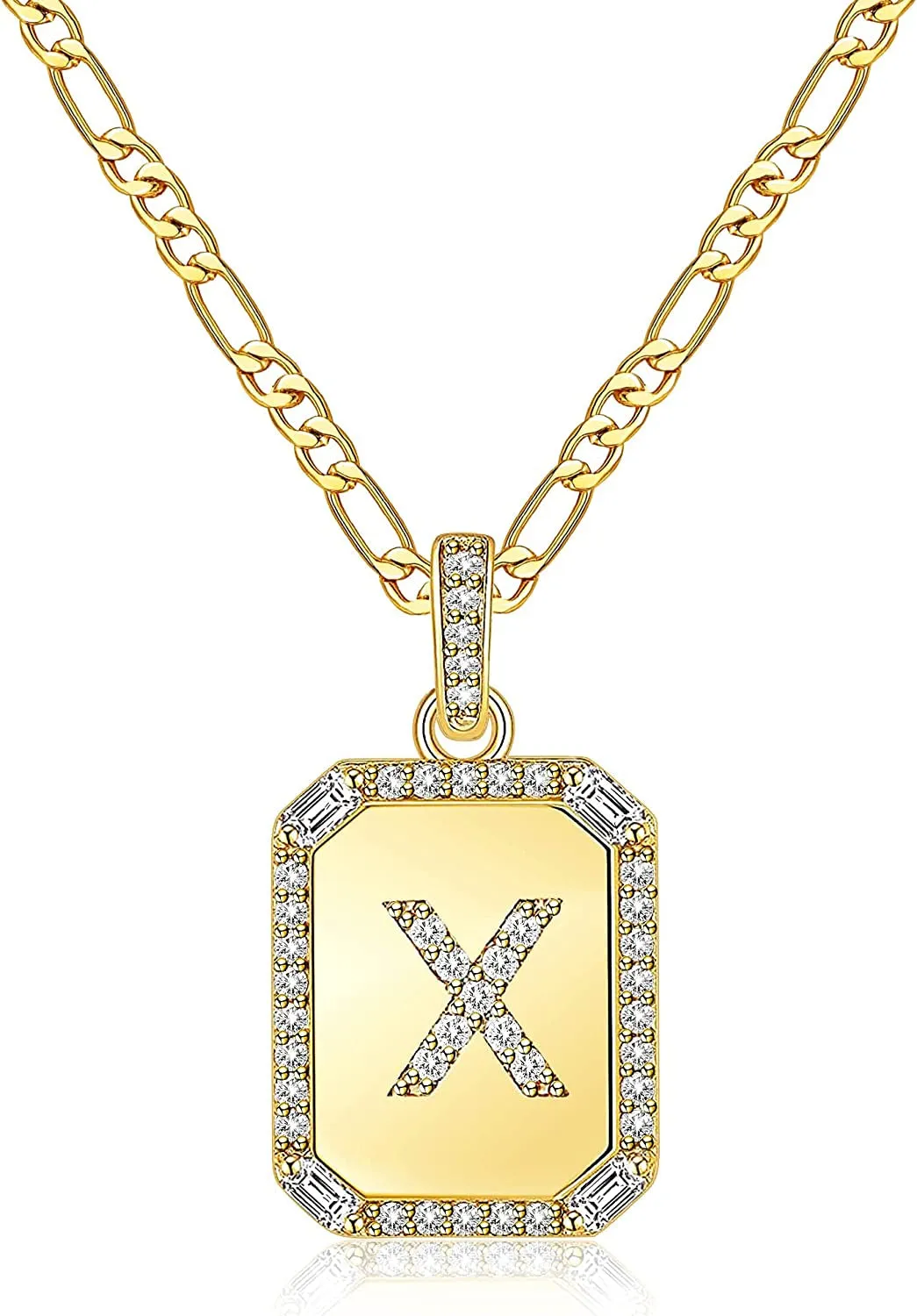 Rectangle Necklace with Monogram Letters Monogram 18K Gold Plated Stainless Steel Box Chain