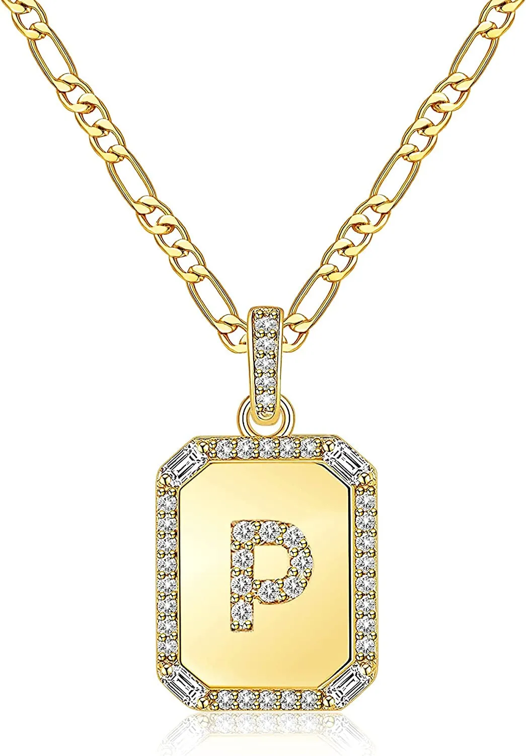 Rectangle Necklace with Monogram Letters Monogram 18K Gold Plated Stainless Steel Box Chain