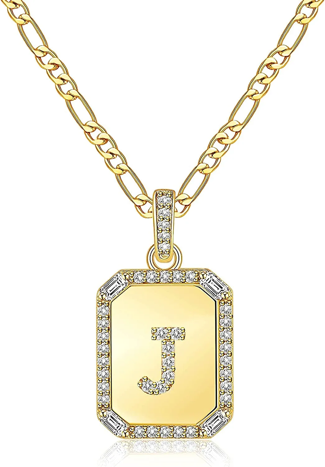 Rectangle Necklace with Monogram Letters Monogram 18K Gold Plated Stainless Steel Box Chain