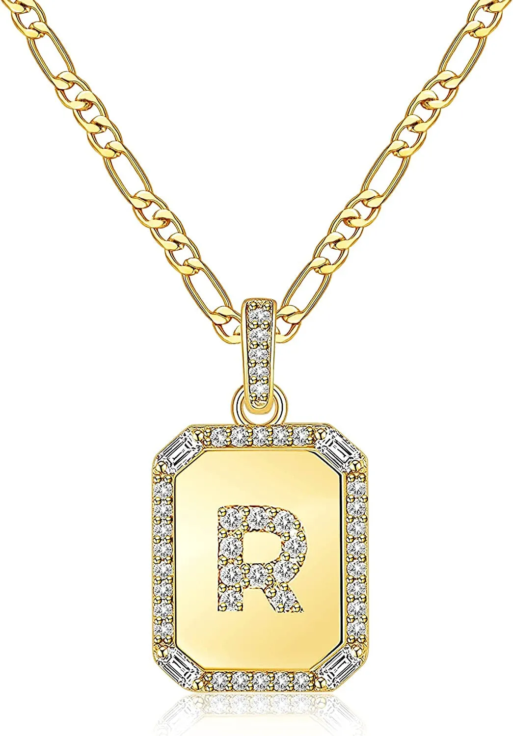 Rectangle Necklace with Monogram Letters Monogram 18K Gold Plated Stainless Steel Box Chain