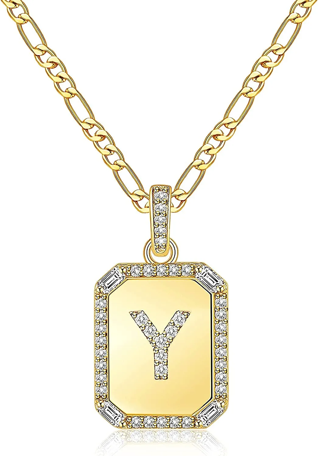 Rectangle Necklace with Monogram Letters Monogram 18K Gold Plated Stainless Steel Box Chain